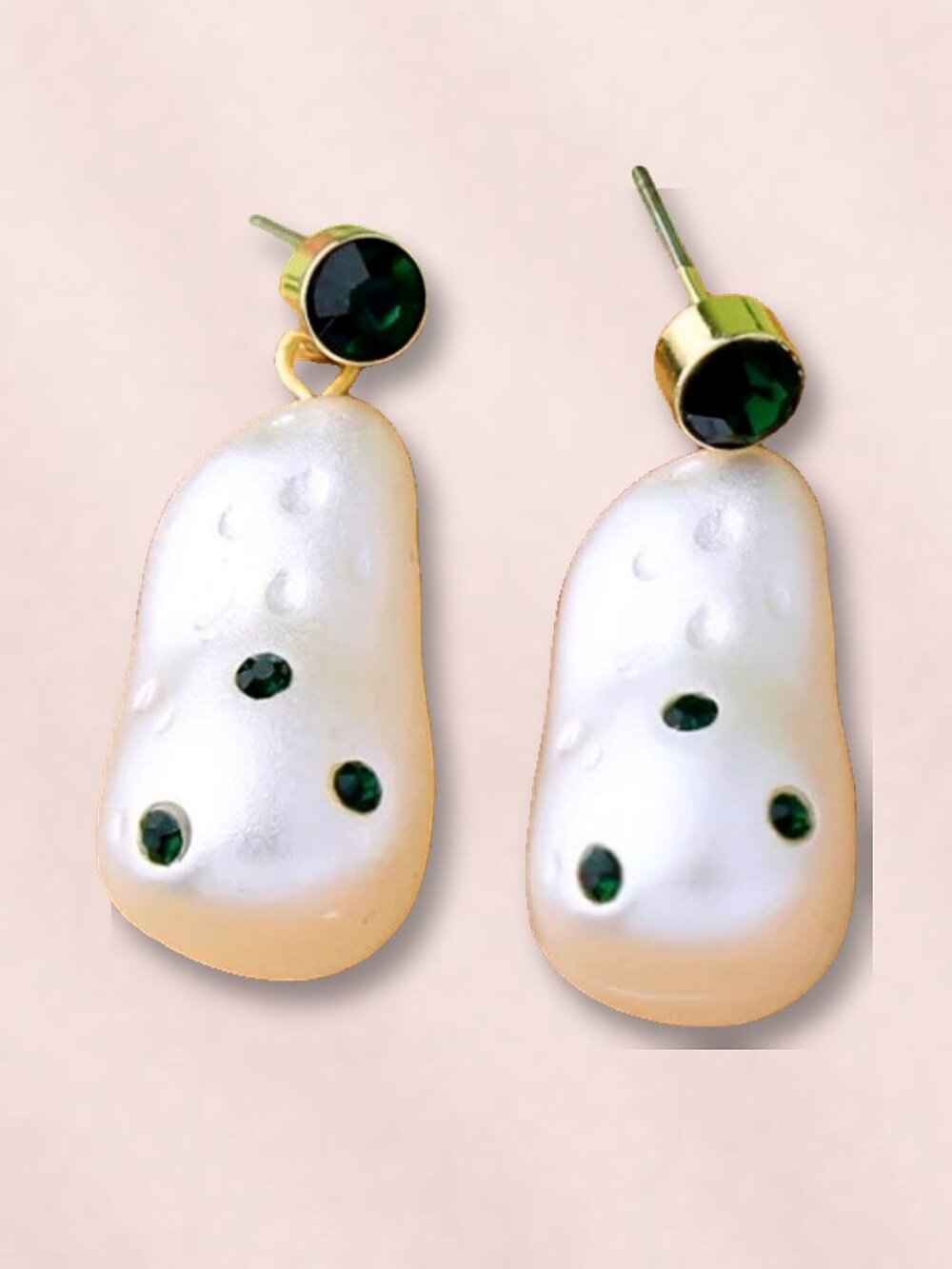 Baroque Faux Pearl Drop Earrings with Green Crystal Studs NWT